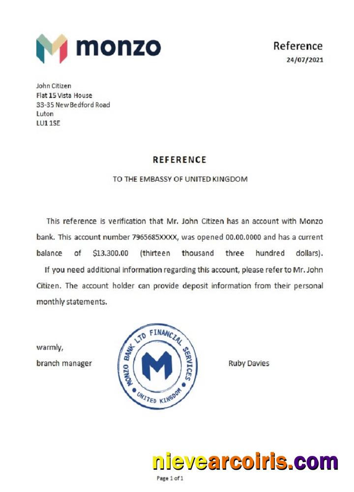United Kingdom Monzo bank reference